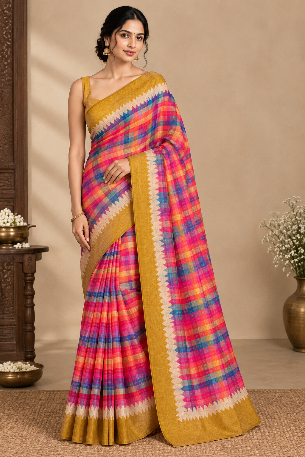 Peachmode Mustard Checked Tussar Silk Saree - Image 1