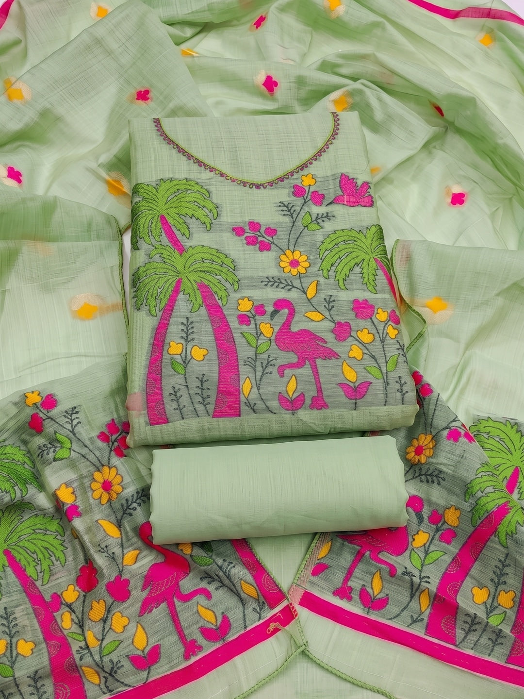 Peachmode Mint Green Jamdani Cotton Palm Bird Unstitched Dress Material - Image 1