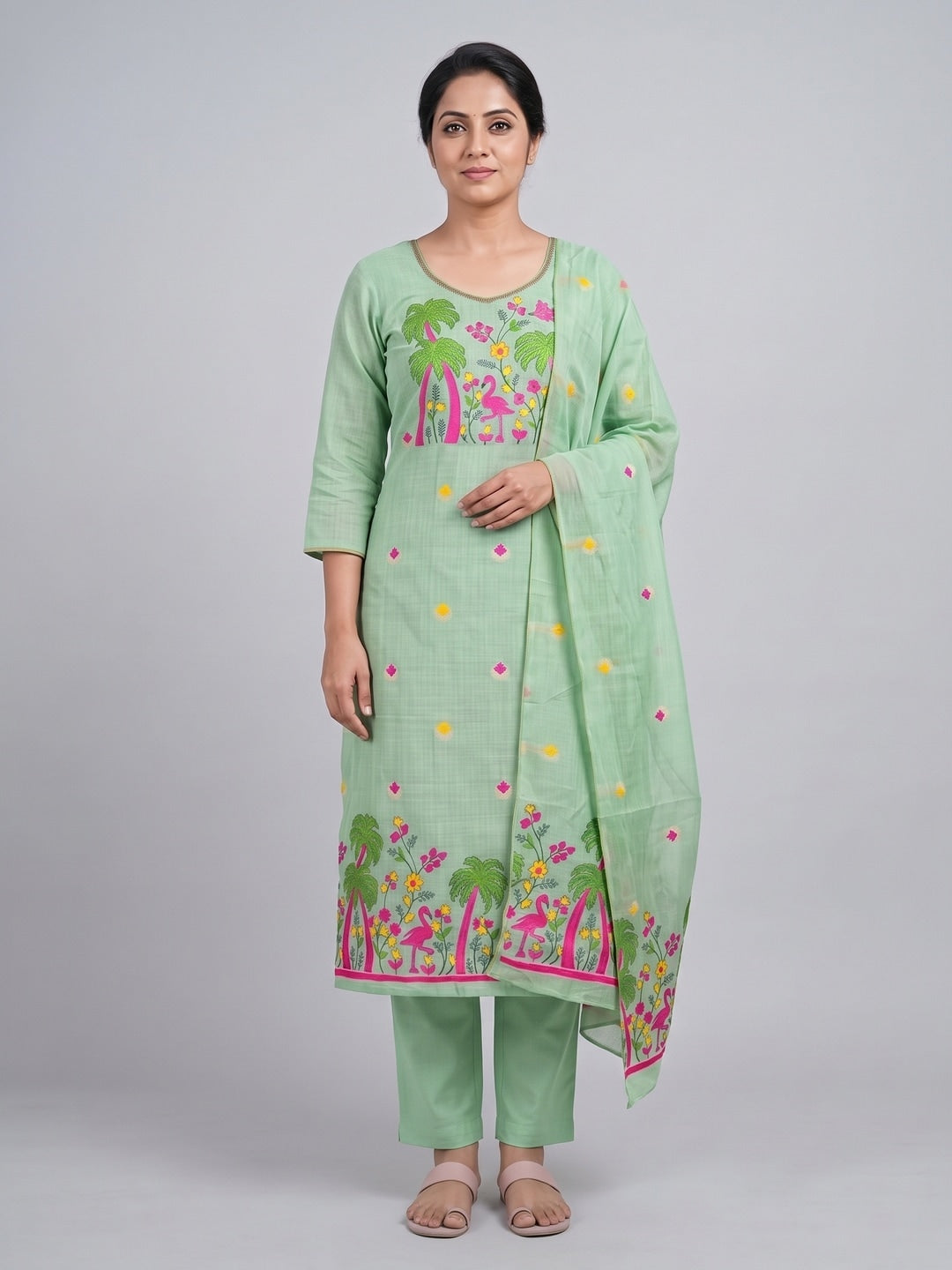 Peachmode Mint Green Jamdani Cotton Palm Bird Unstitched Dress Material - Image 2