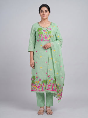Peachmode Mint Green Jamdani Cotton Palm Bird Unstitched Dress Material - Image 2