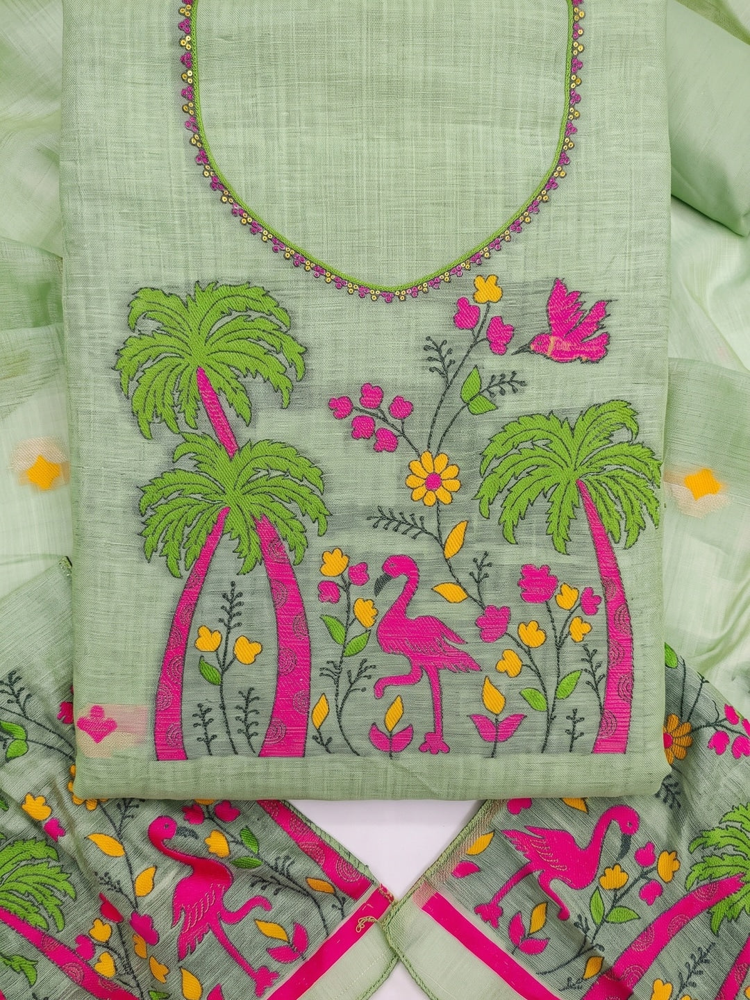 Peachmode Mint Green Jamdani Cotton Palm Bird Unstitched Dress Material - Image 4