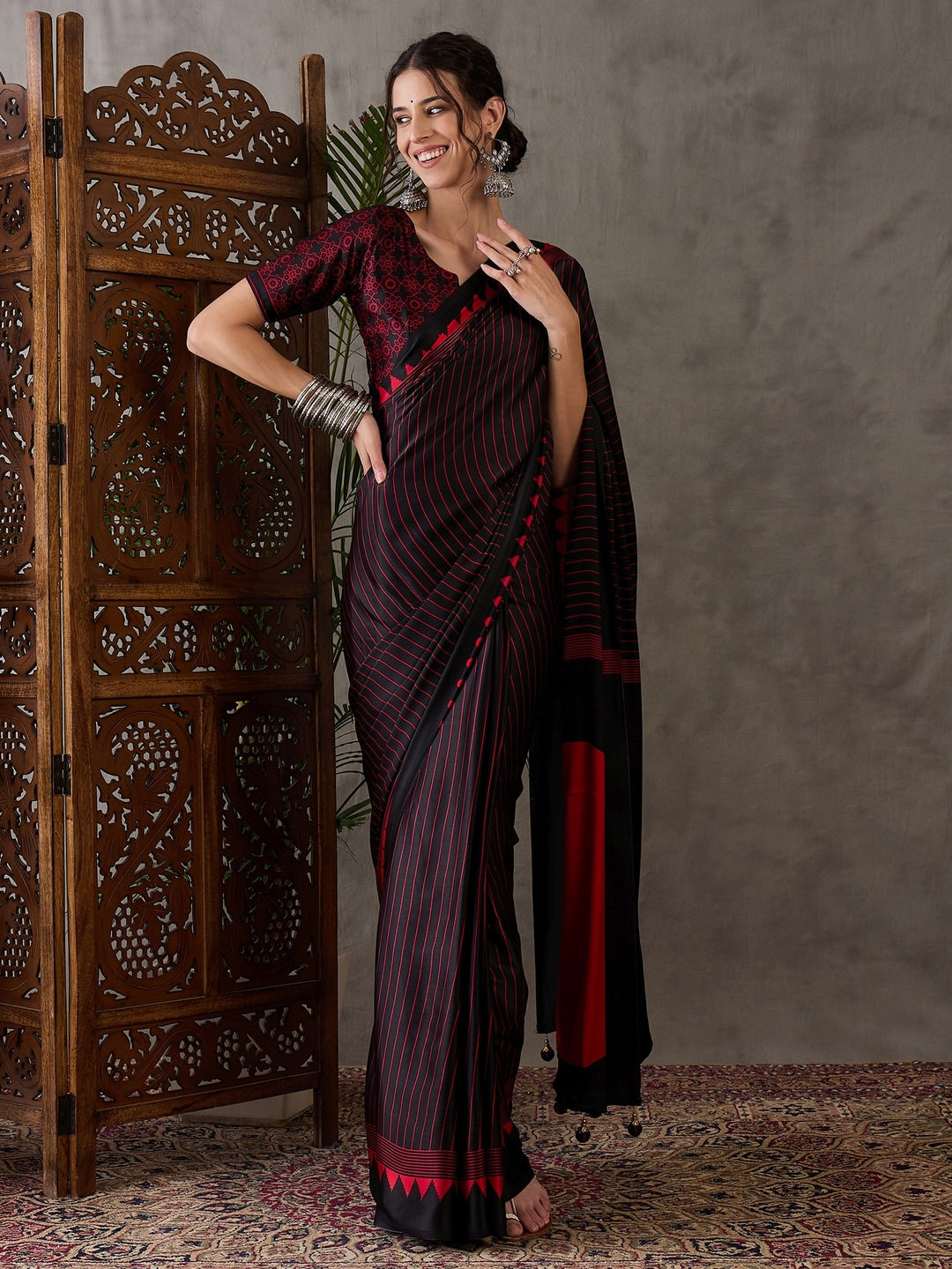 Peachmode Black Striped Modal Art Silk Saree with Blouse - Image 1