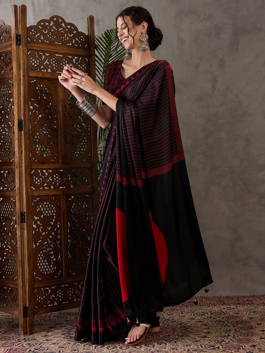 Peachmode Black Striped Modal Art Silk Saree with Blouse - Image 2