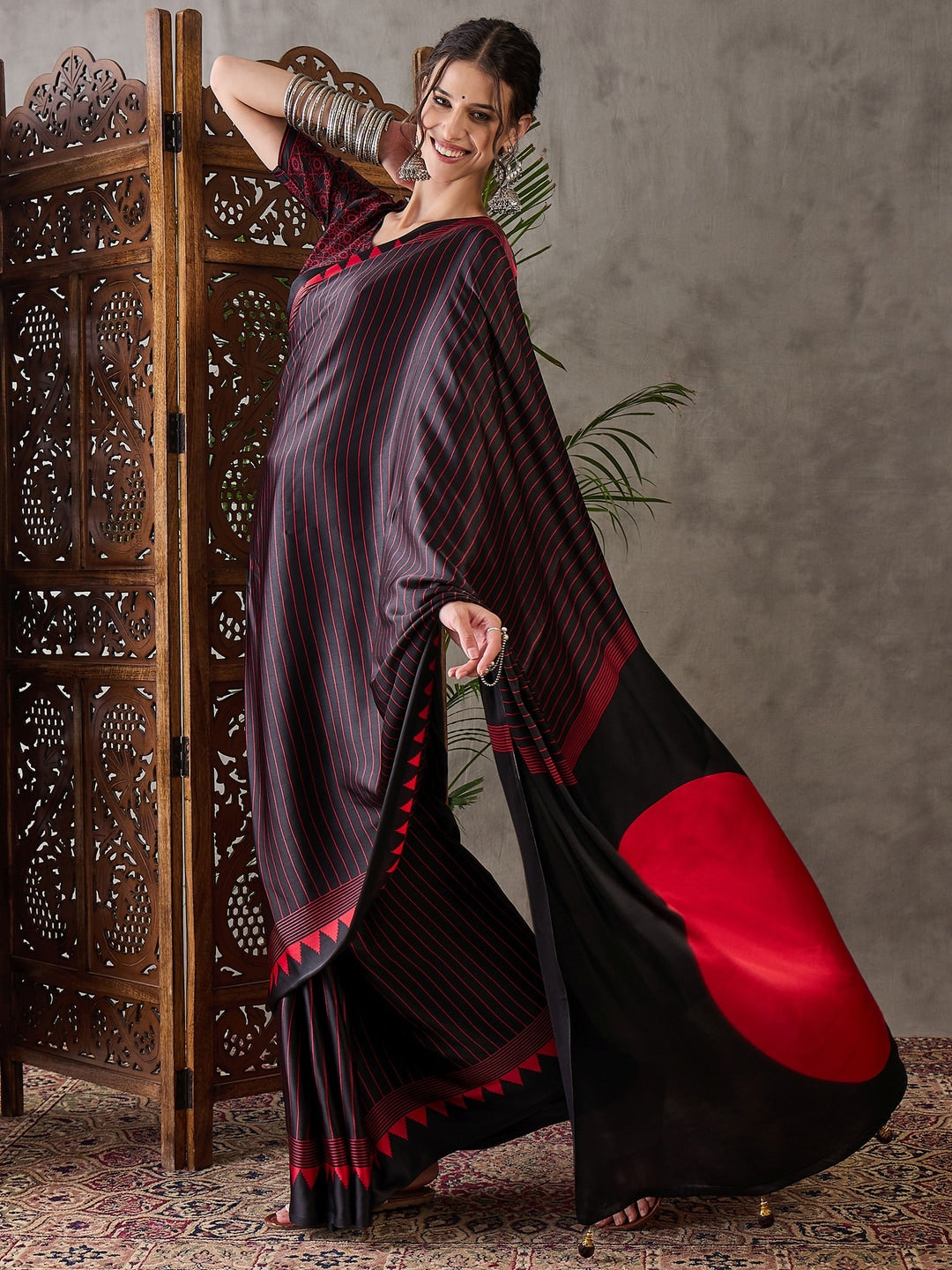 Peachmode Black Striped Modal Art Silk Saree with Blouse - Image 3