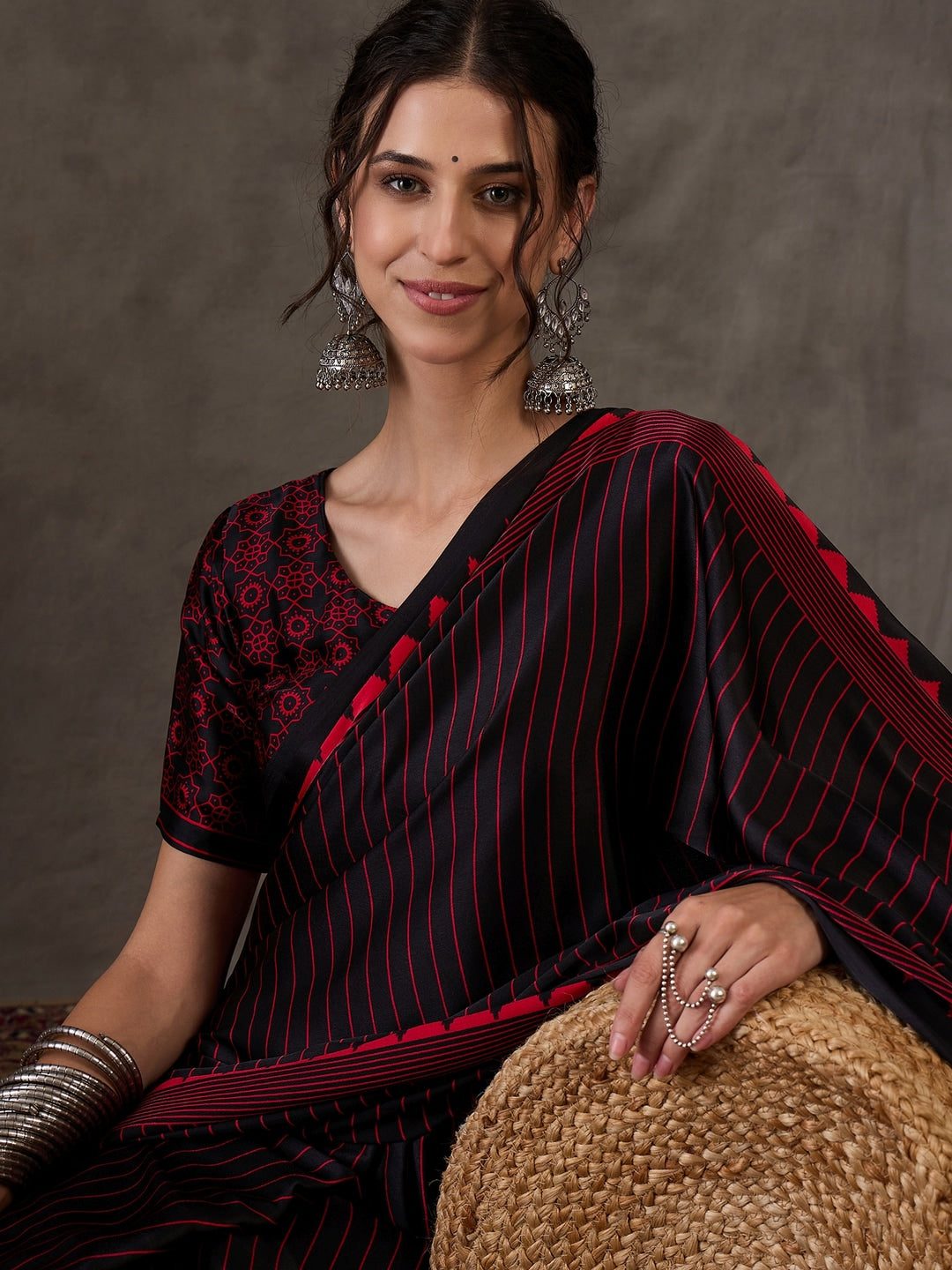 Peachmode Black Striped Modal Art Silk Saree with Blouse - Image 5