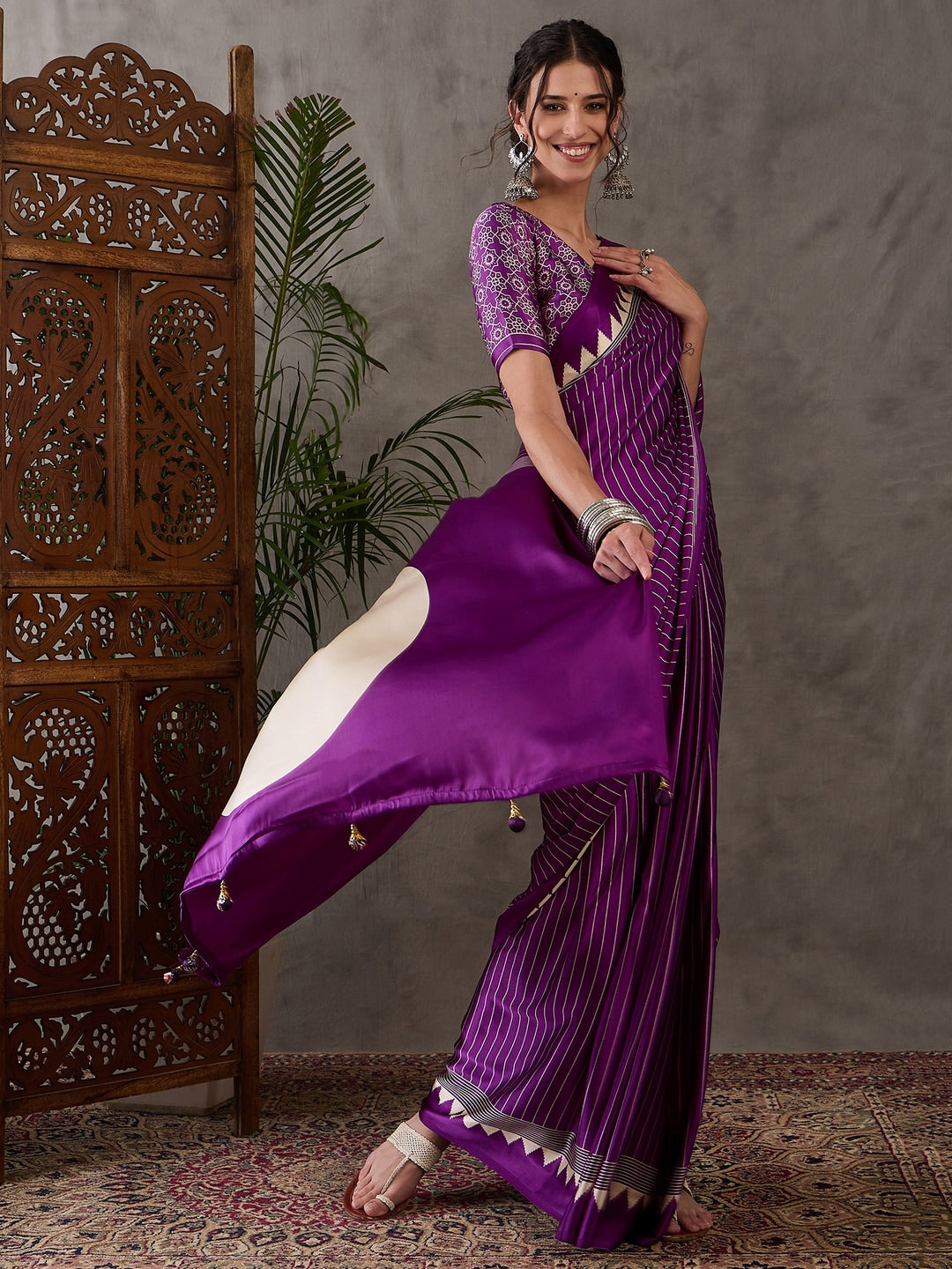 Peachmode Purple Striped Modal Art Silk Saree with Blouse - Image 3