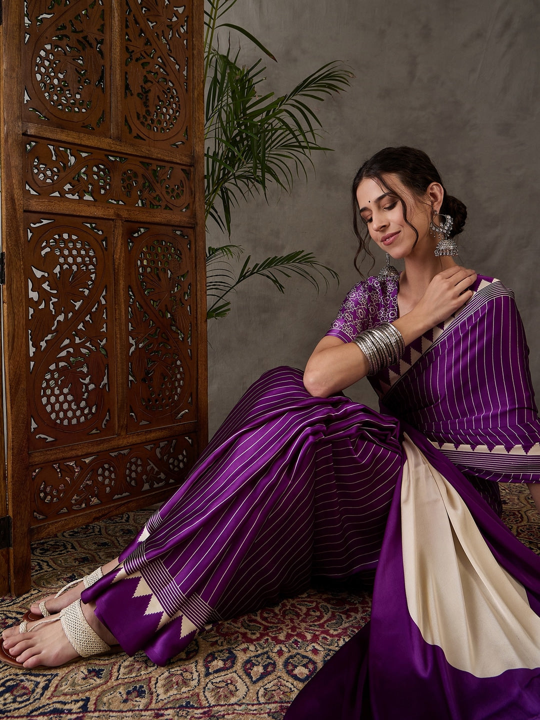 Peachmode Purple Striped Modal Art Silk Saree with Blouse - Image 4