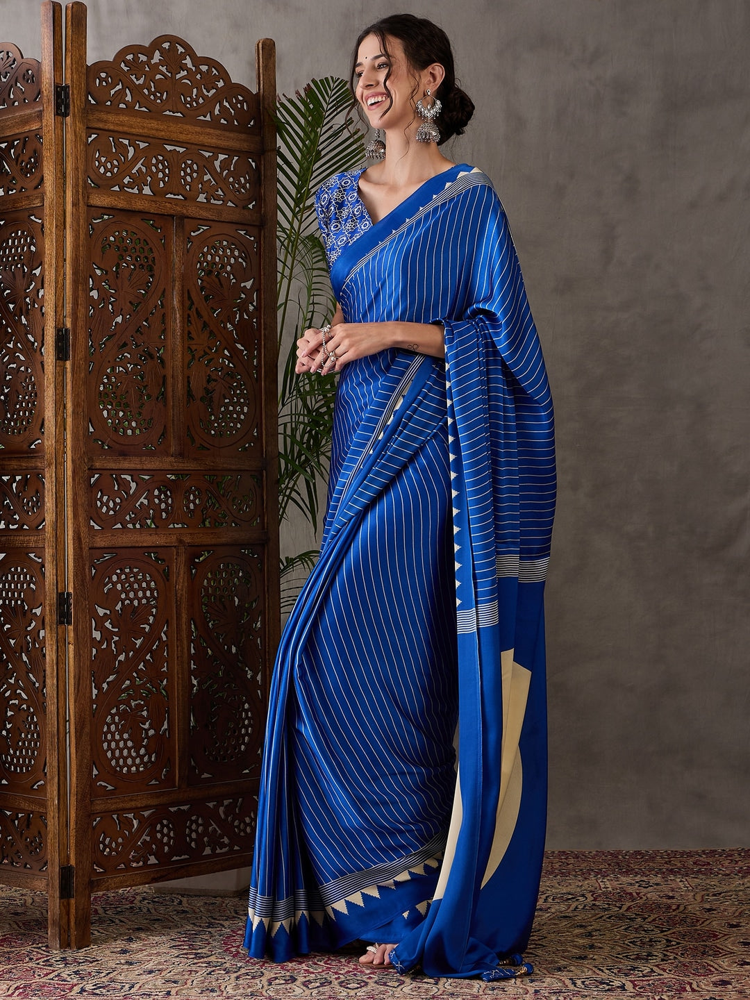 Peachmode Blue Striped Modal Art Silk Saree with Blouse - Image 2