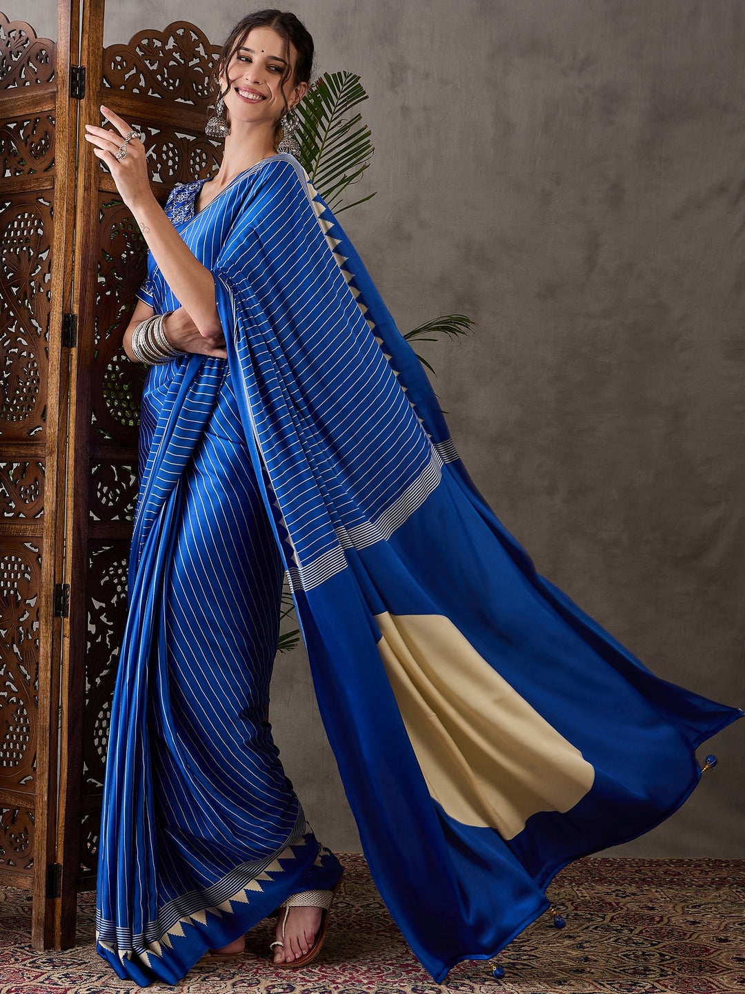 Peachmode Blue Striped Modal Art Silk Saree with Blouse - Image 3