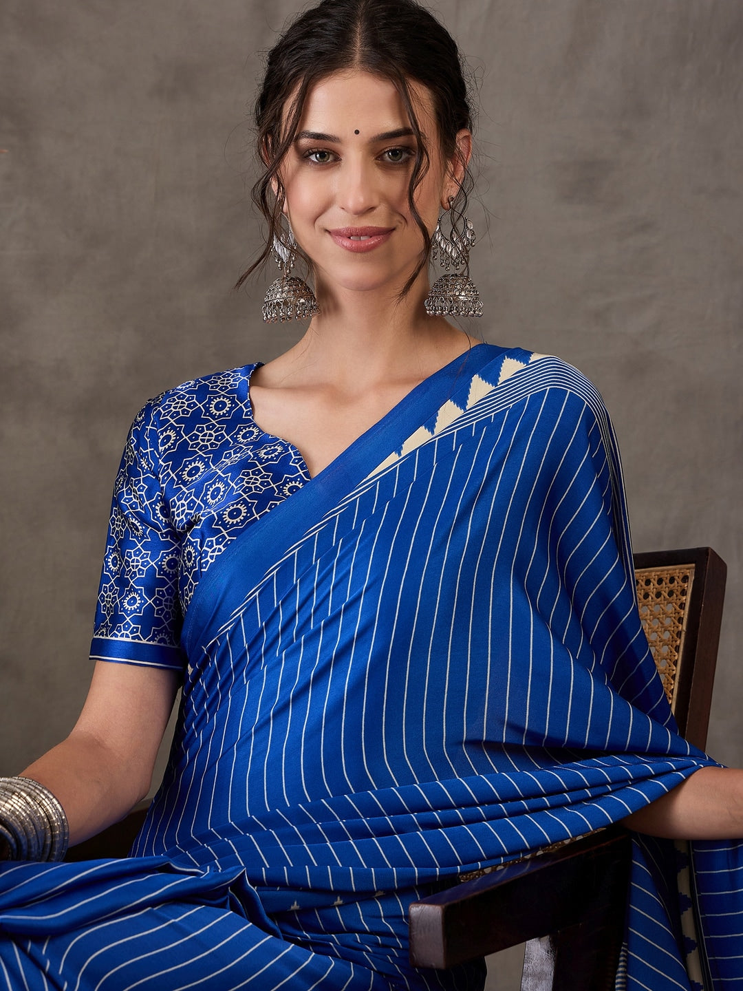 Peachmode Blue Striped Modal Art Silk Saree with Blouse - Image 5
