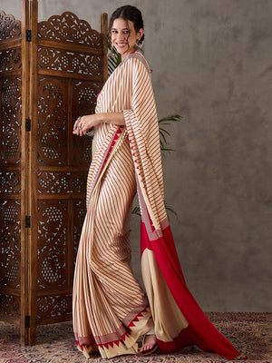 Peachmode Cream Striped Modal Art Silk Saree with Blouse - Image 2