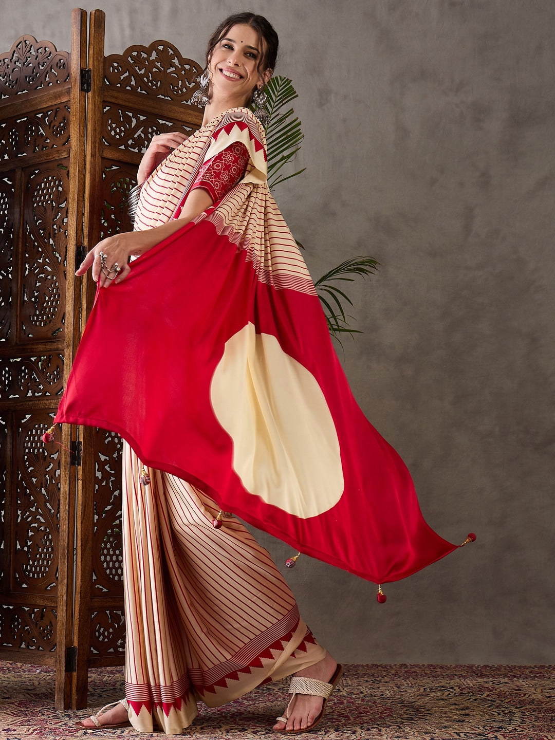 Peachmode Cream Striped Modal Art Silk Saree with Blouse - Image 3