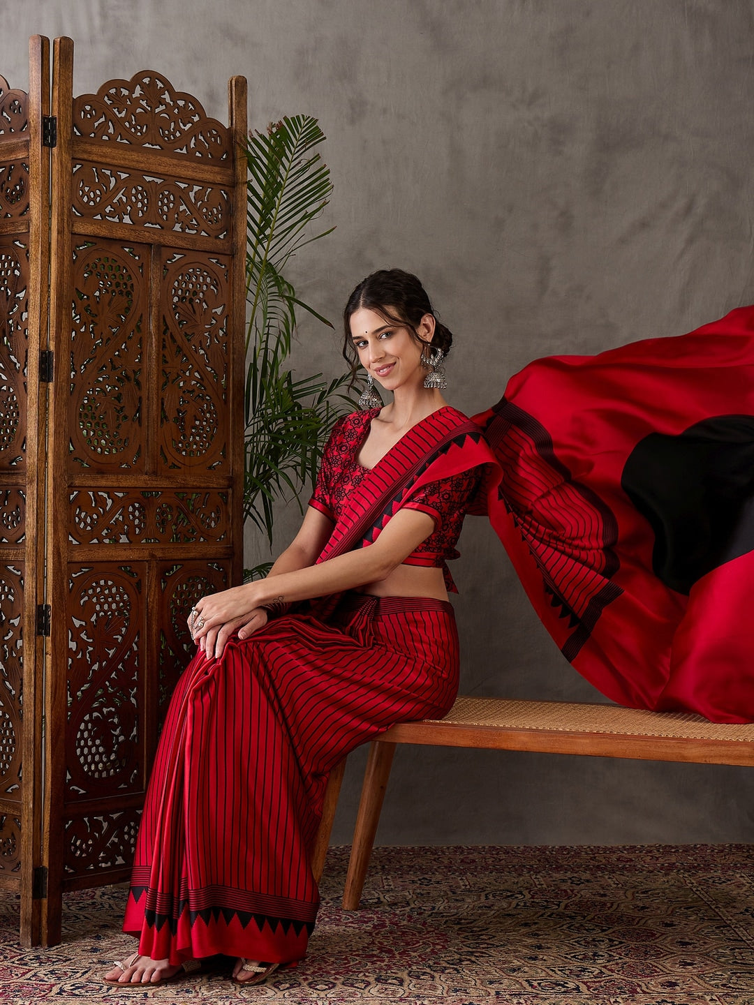 Peachmode Red Striped Modal Art Silk Saree with Blouse - Image 4