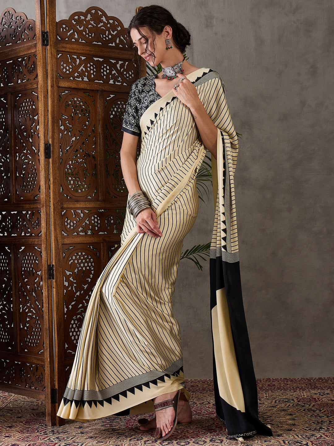 Peachmode Cream Striped Modal Art Silk Saree with Blouse - Image 2