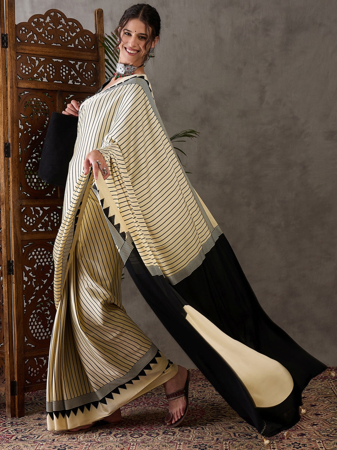 Peachmode Cream Striped Modal Art Silk Saree with Blouse - Image 3