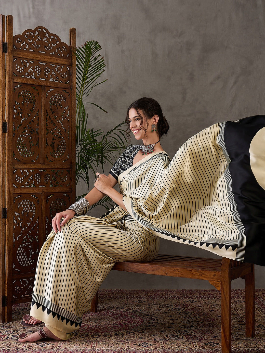 Peachmode Cream Striped Modal Art Silk Saree with Blouse - Image 4
