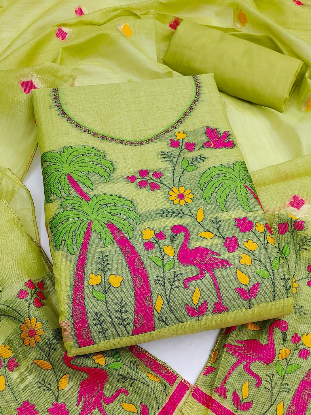 Peachmode Lime Green Jamdani Cotton Palm Bird Unstitched Dress Material - Image 1
