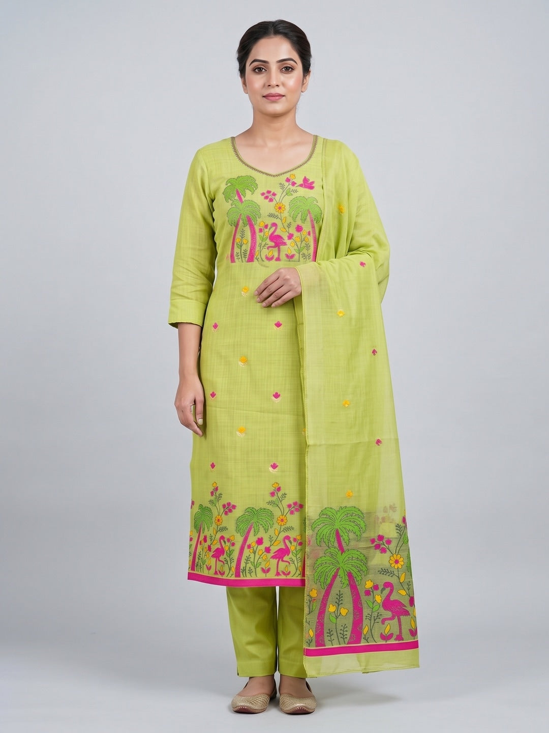 Peachmode Lime Green Jamdani Cotton Palm Bird Unstitched Dress Material - Image 2
