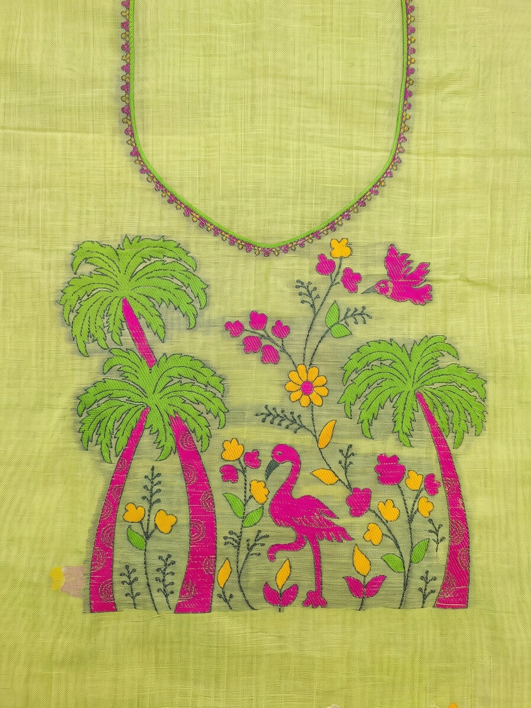 Peachmode Lime Green Jamdani Cotton Palm Bird Unstitched Dress Material - Image 4