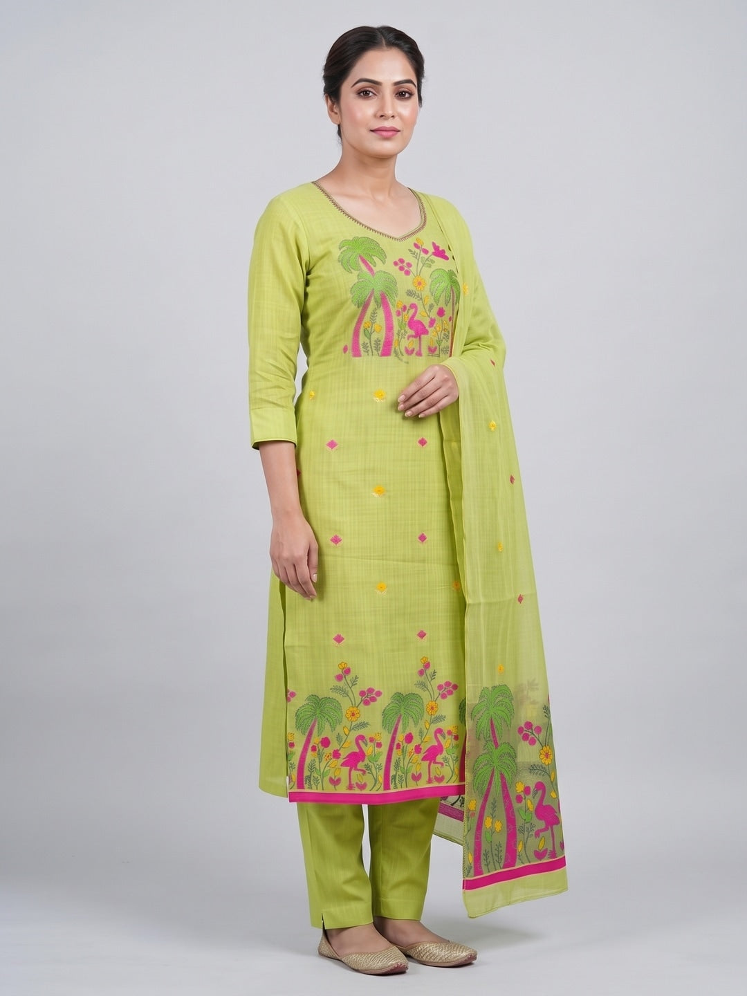 Peachmode Lime Green Jamdani Cotton Palm Bird Unstitched Dress Material - Image 5