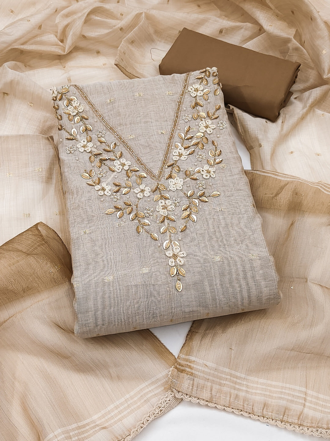 Peachmode Beige Banarasi Cotton Handwork Dress Material - Image 1