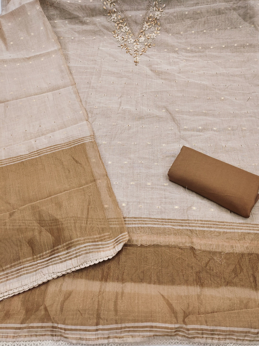 Peachmode Beige Banarasi Cotton Handwork Dress Material - Image 3