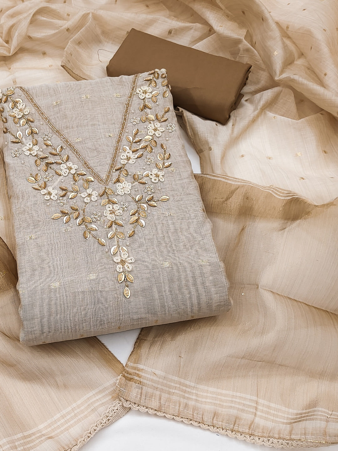 Peachmode Beige Banarasi Cotton Handwork Dress Material - Image 4