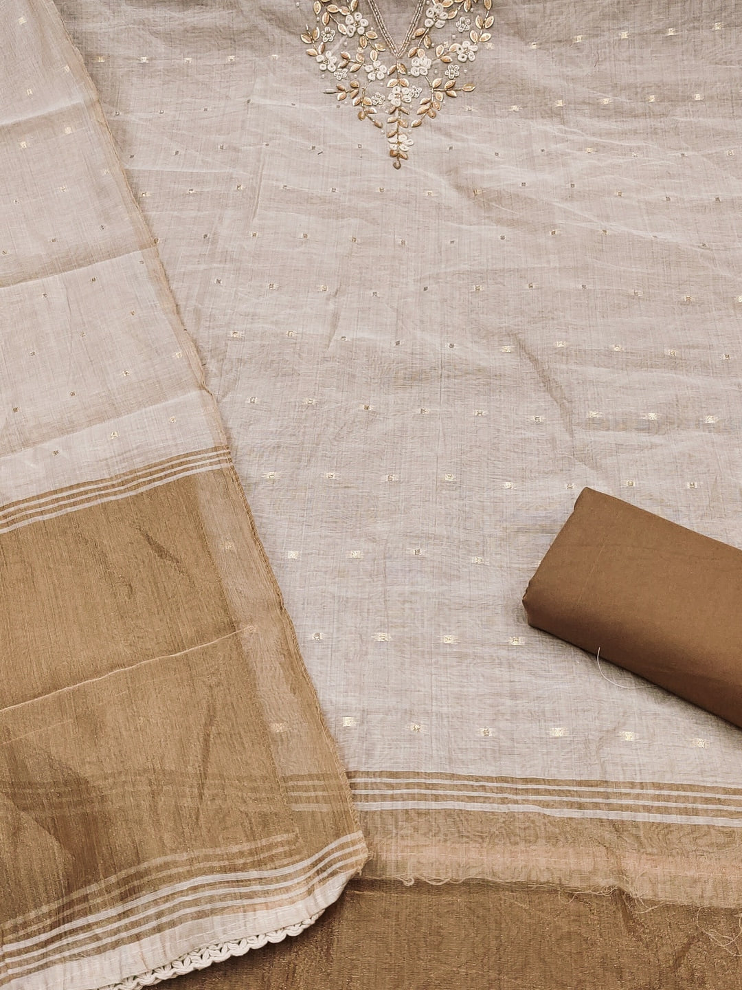 Peachmode Beige Banarasi Cotton Handwork Dress Material - Image 5