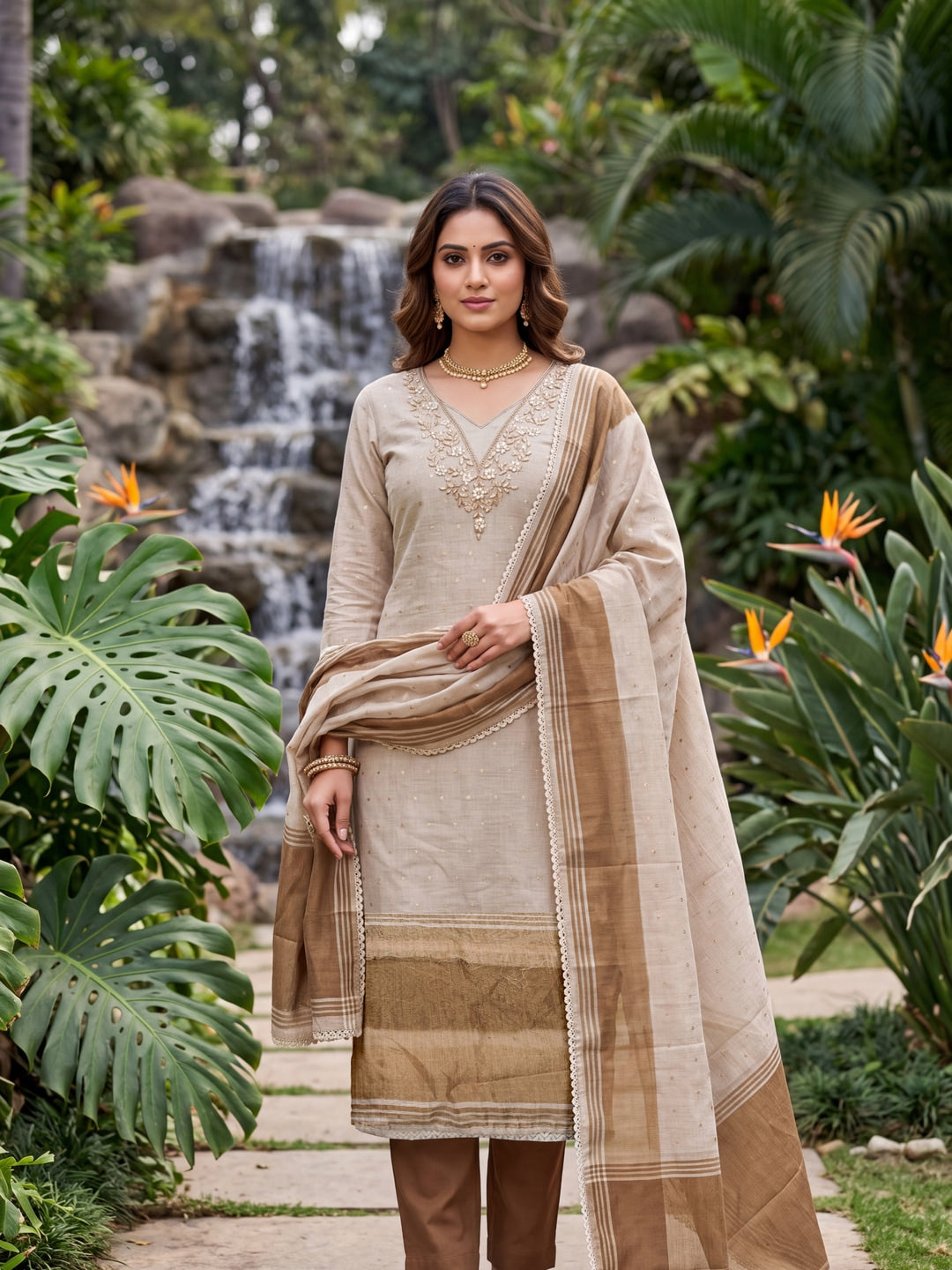 Peachmode Beige Banarasi Cotton Handwork Dress Material - Image 6