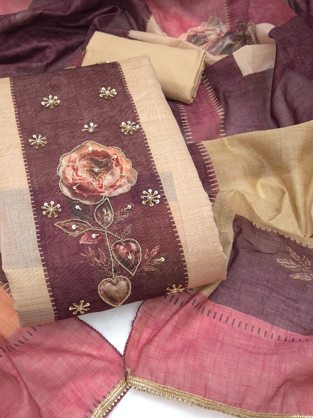 Peachmode Beige Maroon Floral Handwork Pure Modal Dress Material - Image 4