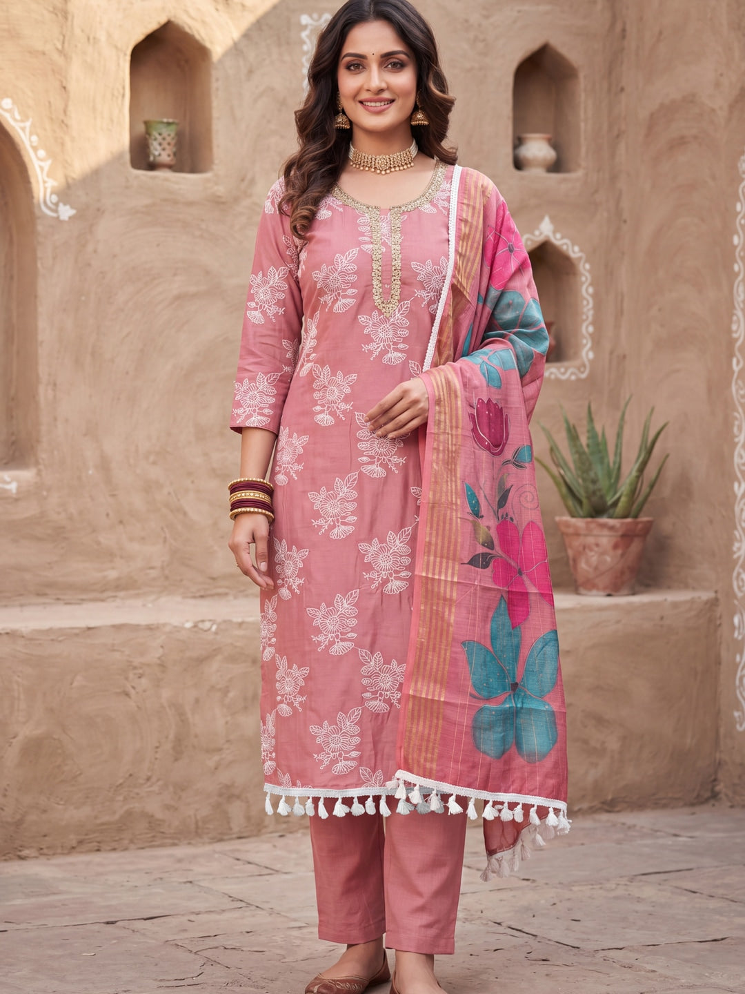 Peachmode Peach Floral Embroidered Cotton Silk Dress Material - Image 2