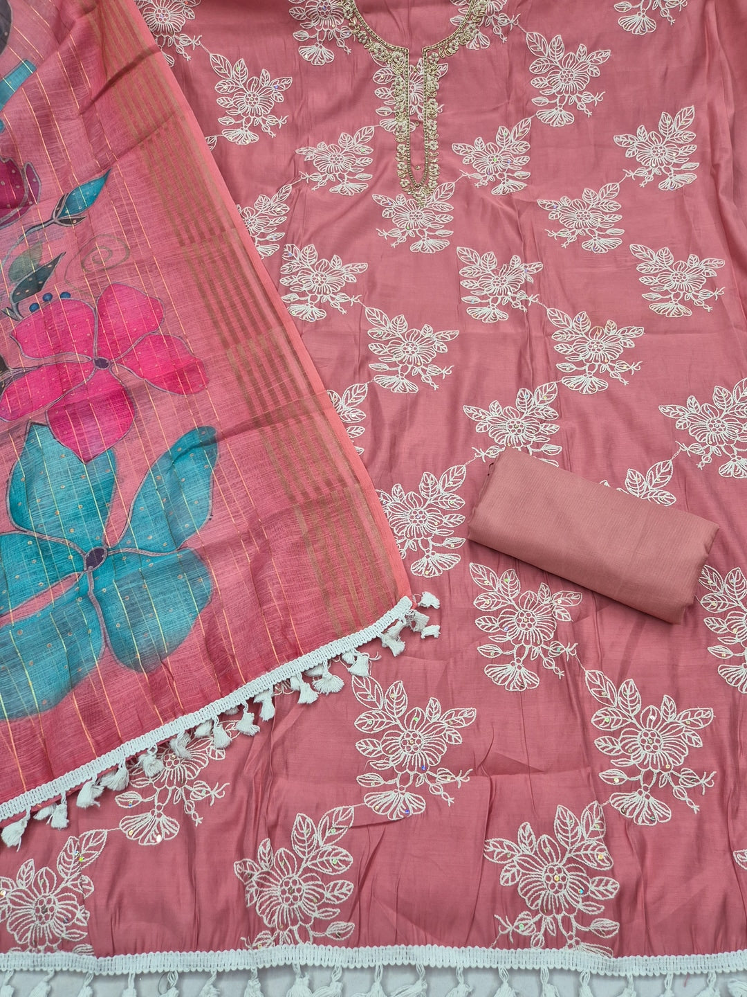 Peachmode Peach Floral Embroidered Cotton Silk Dress Material - Image 3