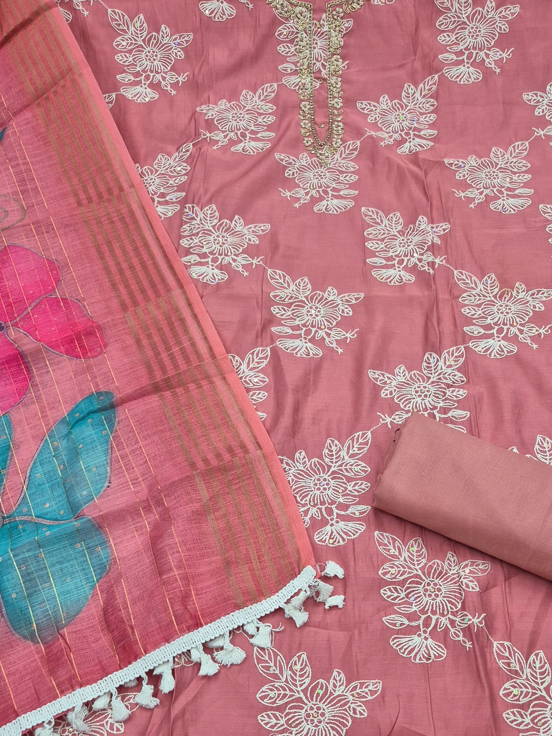 Peachmode Peach Floral Embroidered Cotton Silk Dress Material - Image 5