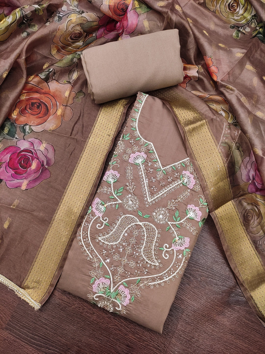 Peachmode Brown Floral Embroidered Cotton Silk Dress Material - Image 1