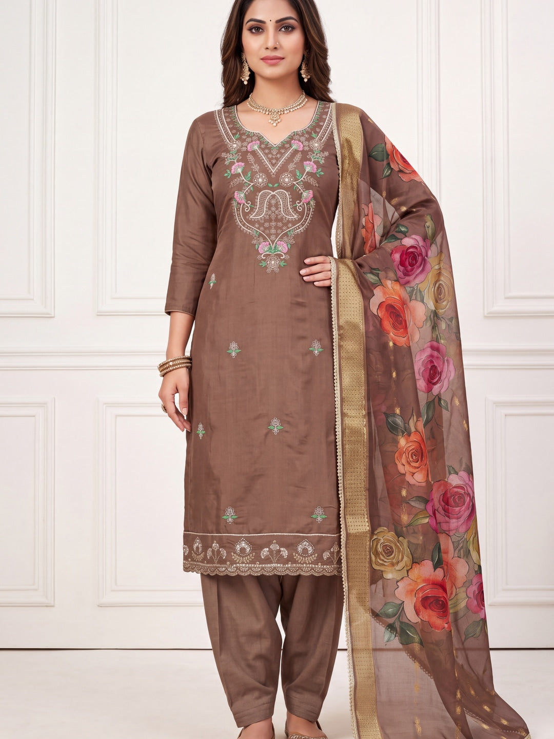 Peachmode Brown Floral Embroidered Cotton Silk Dress Material - Image 2