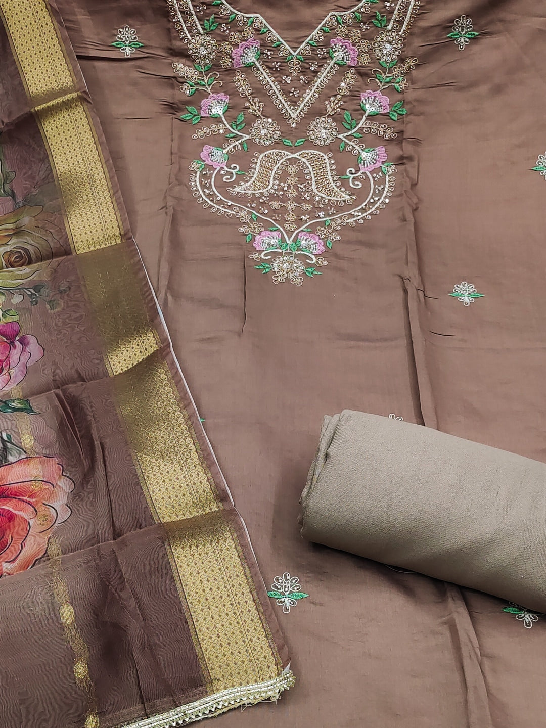 Peachmode Brown Floral Embroidered Cotton Silk Dress Material - Image 5