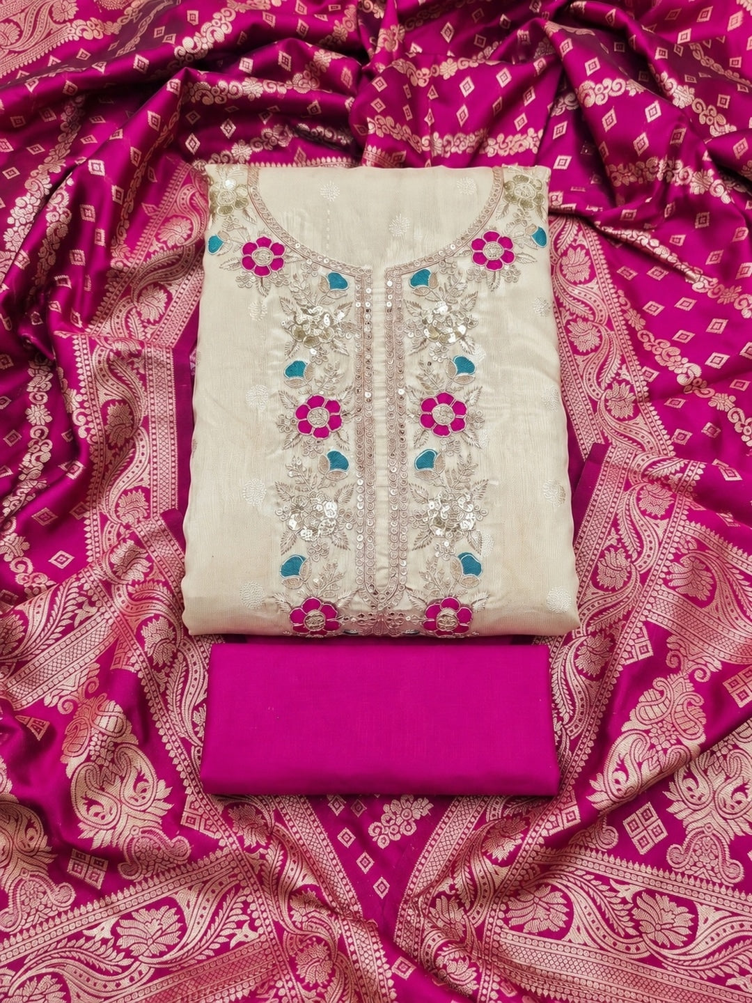 Cream Magenta Floral Embroidered Shimmer Unstitched Dress Material - Image 1