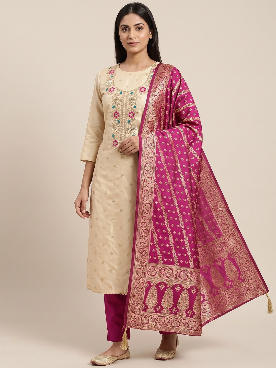 Cream Magenta Floral Embroidered Shimmer Unstitched Dress Material - Image 2