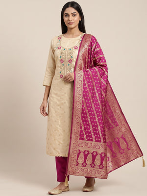 Cream Magenta Floral Embroidered Shimmer Unstitched Dress Material - Image 2