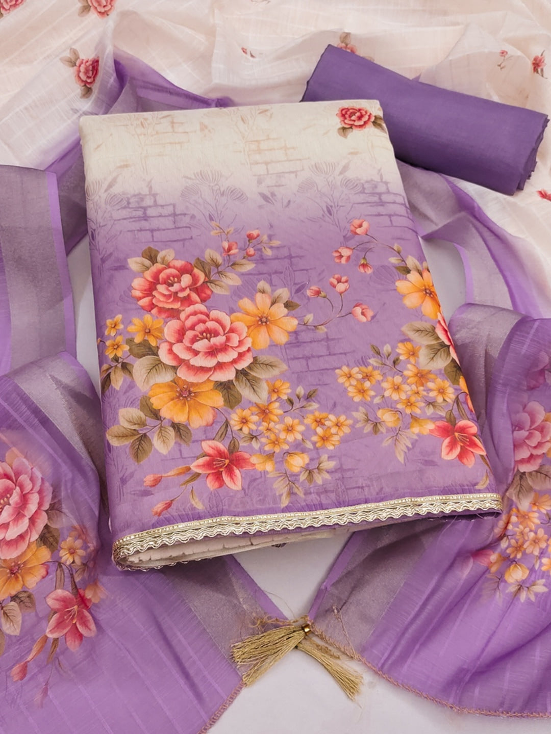 Cream Lavender Floral Printed Unstitched Dress Material - Image 1