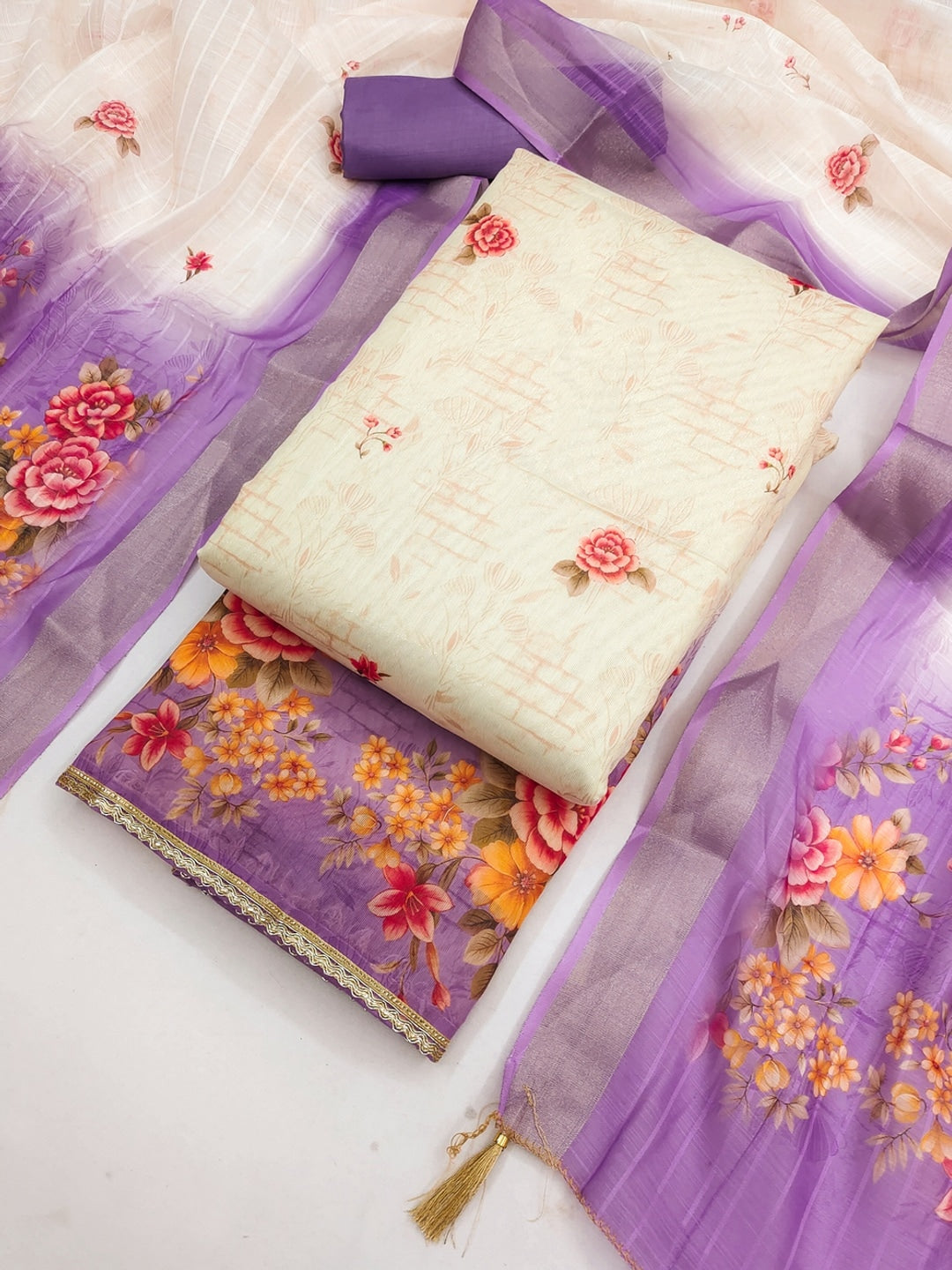 Cream Lavender Floral Printed Unstitched Dress Material - Image 3