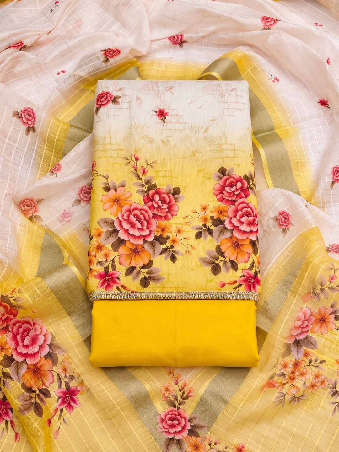 Cream Yellow Floral Printed Unstitched Dress Material - Image 1