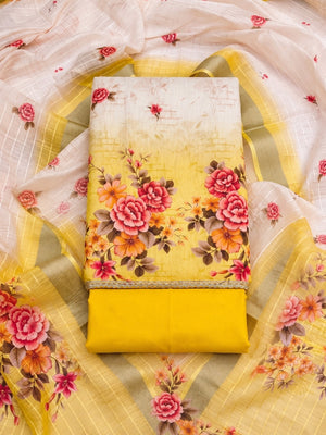 Cream Yellow Floral Printed Unstitched Dress Material - Image 1