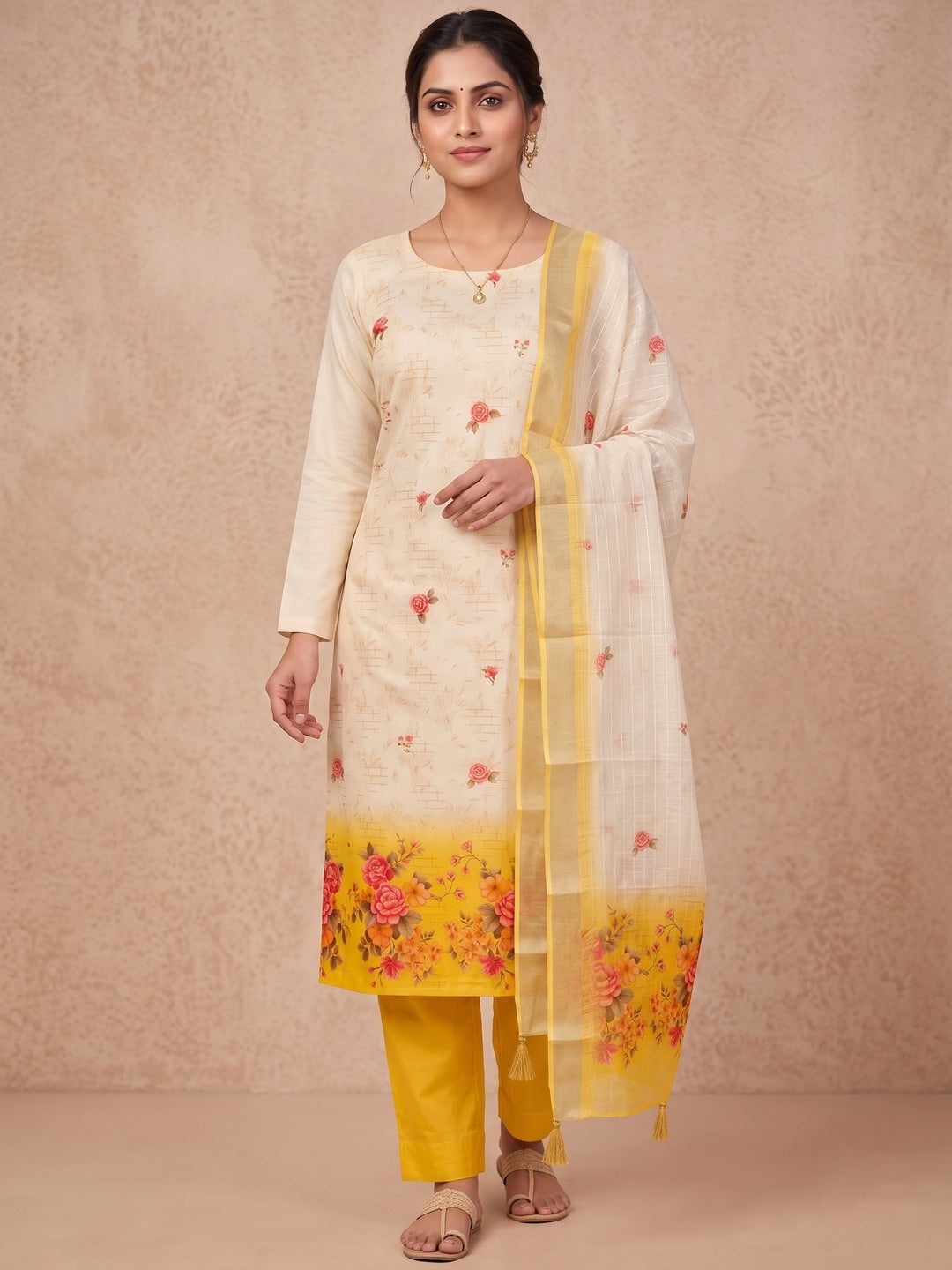 Cream Yellow Floral Printed Unstitched Dress Material - Image 2
