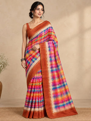 Peachmode Rust Checked Tussar Silk Saree - Image 1