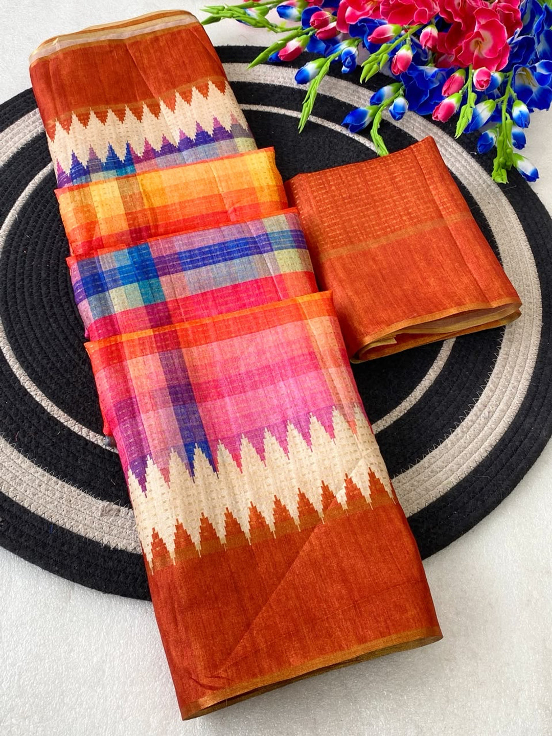 Peachmode Rust Checked Tussar Silk Saree - Image 2