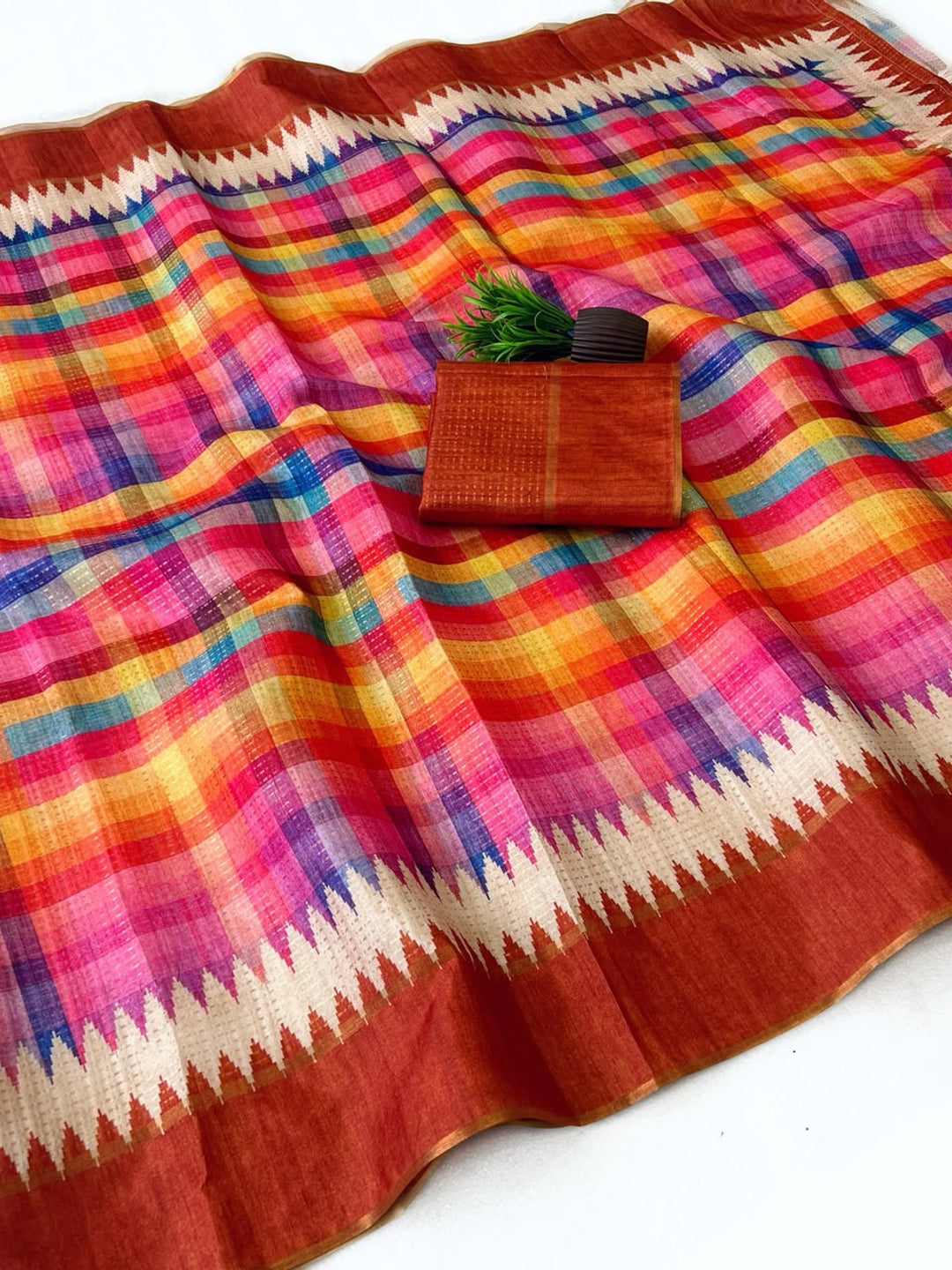 Peachmode Rust Checked Tussar Silk Saree - Image 3
