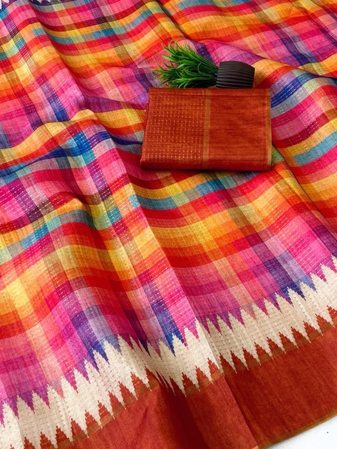 Peachmode Rust Checked Tussar Silk Saree - Image 5
