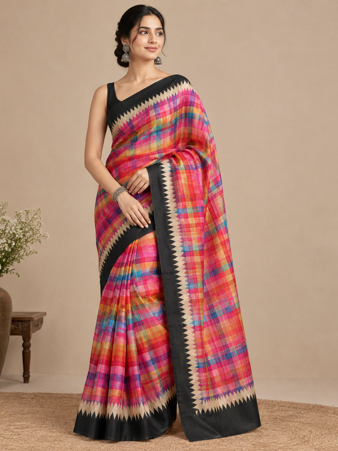 Peachmode Black Checked Tussar Silk Saree - Image 1