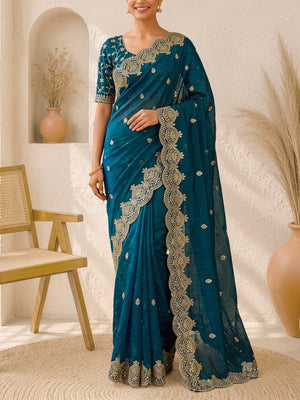 Peachmode Teal Fandy Chiffon Sequin work Saree - Image 1